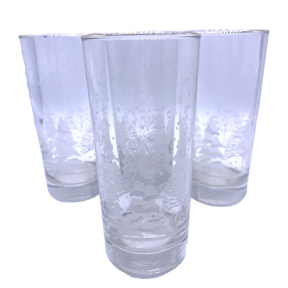 Libbey's Drinking Glasses Frosted Pine Trees Set Lot 4 High Ball Christmas Vtg - Picture 1 of 5